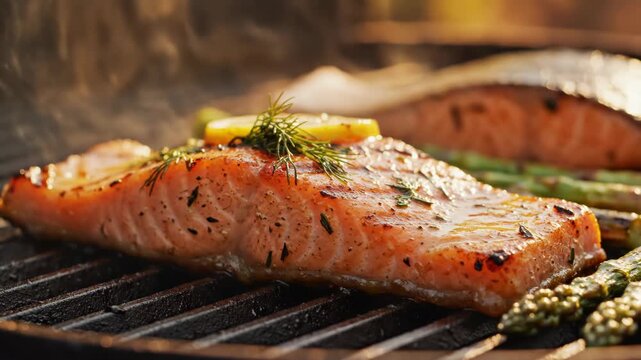 Close-up of a grilled salmon fillet with steam and smoke rising on a barbecue grill grate, seasoned with herbs, lemon slices, and fresh dill garnish, featuring asparagus on the side.