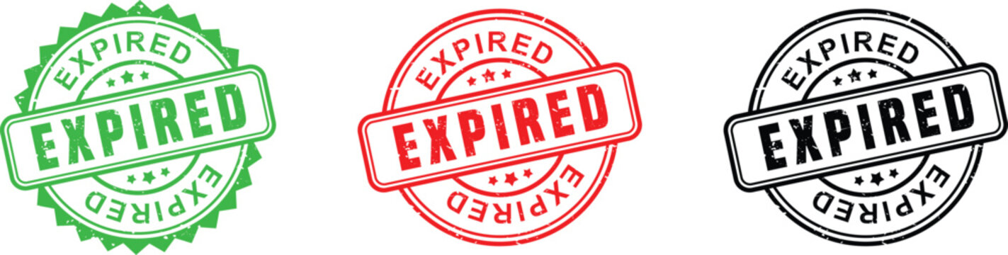 Expired Stamp Collection: A trio of circular stamps, in green, red, and black, all clearly marking the word EXPIRED in bold text, signifying the end of validity.