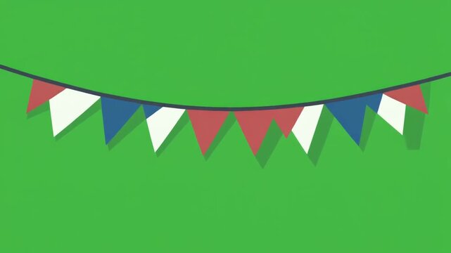 Colorful festive bunting flags hanging on a string isolated on a solid green screen chroma key background