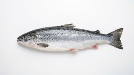 Fototapeta premium Whole Raw Atlantic Salmon Isolated on White Background, Fresh High-Quality Seafood Product with Silver Scales and Omega-3 Rich Protein