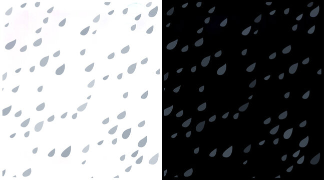Minimalist raindrop pattern set, falling water drops on black and white backgrounds, simple rain droplet texture for weather and nature design