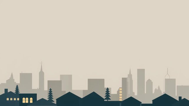Minimalist flat vector illustration of a city skyline with houses and skyscrapers.