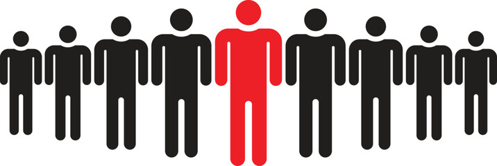 Stand Out: A vibrant red figure stands prominently amidst a group of black silhouettes, symbolizing individuality, leadership, and standing out from the crowd. © Salman