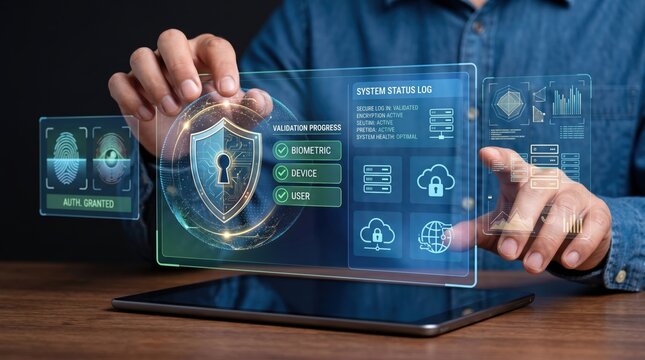 Man interacting with futuristic cybersecurity holographic interface, biometric authentication, fingerprint scan, system status log, validation progress, data protection