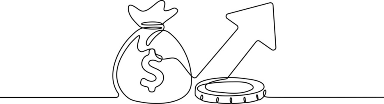 Continuous one line art money bag with dollar sign and coins minimalist finance line art collection