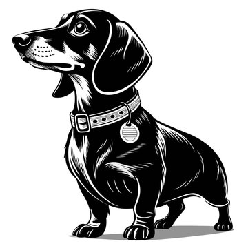 Premium black and white dachshund dog silhouette in side profile wearing collar with tag