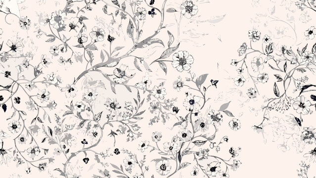 Floral ornament with sketched branches and blossoms grayscale pattern