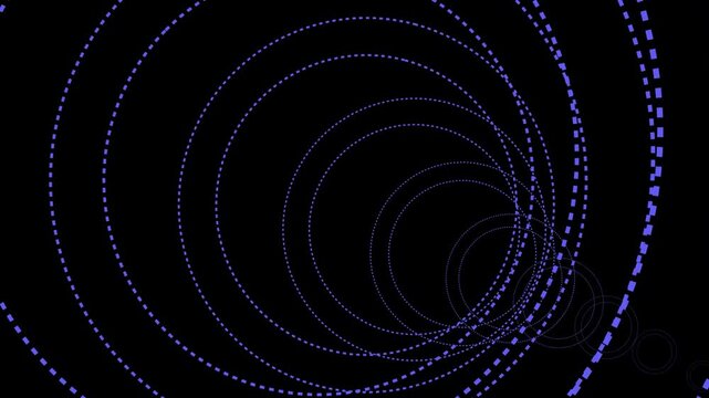 Purple neon light circles formed by dotted pixel lines creating tunnel movement visual effect moving forward fast into dark abyss background seamless loop animation motion graphics.