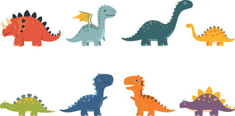 Cute Cartoon Dinosaur Vector Set Featuring Friendly T-Rex Triceratops Brachiosaurus Stegosaurus and Dragon Characters for Children Nursery and Kids Education Graphic Designs © Rafika