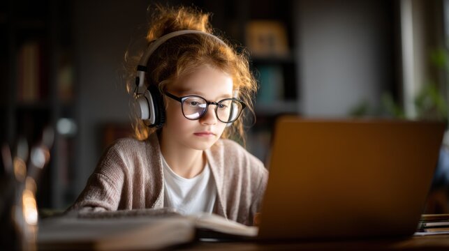 Young girl with glasses and headphones using laptop indoors at night