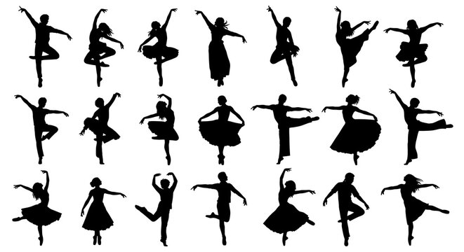 Collection of elegant black silhouettes depicting various ballet poses and graceful dance movements