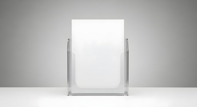 Clear acrylic brochure holder with blank white paper on a white table against a light gray background, perfect for advertising and display purposes.