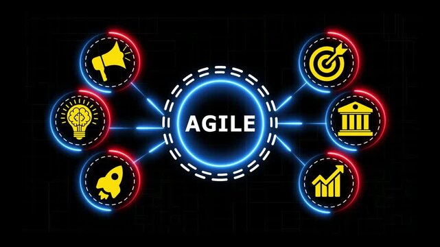 Agile business methodology infographic animation with neon icons and light nodes.