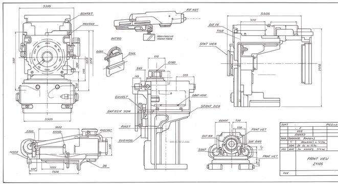 Detailed technical blueprint of a complex mechanical device with various components and engineering schematics