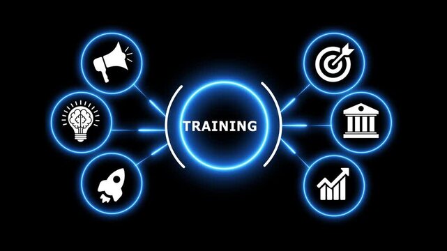 Training concept infographic with icons and glowing neon lines on black.