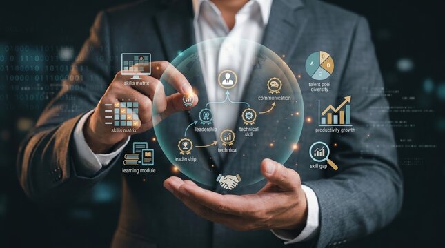 Businessman analyzing skills matrix and productivity growth charts on virtual globe, human resources management strategy for talent pool diversity
