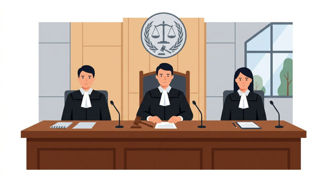 Three judges in formal robes sit behind a wooden bench in a courtroom, presided over by a central judge wearing a ceremonial collar, conveying authority and justice