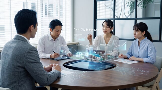 Smart city energy grid meeting, sustainable technology discussion, futuristic holographic interface showing load balancing and sensor networks