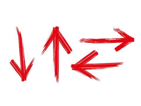 Set of hand drawn Red Arrow Brush. Grunge arrow paint different direction vector illustration, red arrow circle png with transparent hand drawn marker highlight, Punk and graffiti style brush drawn 