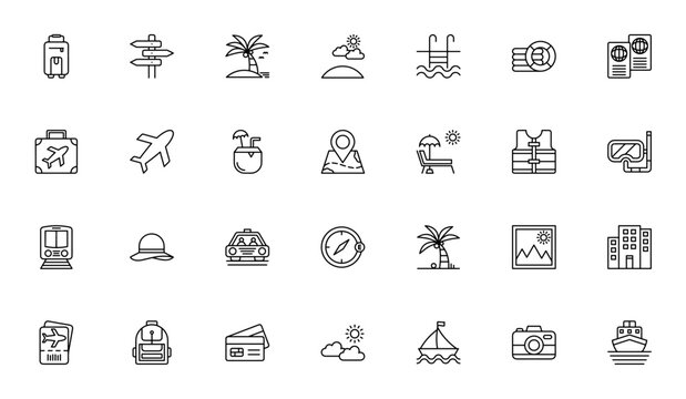 Travel icon set. Minimalist travel icons pack. Vector illustration. Includes symbols for bag, signpost, palm tree, cloud, swimming pool, lifebuoy, passport, luggage, airplane, cocktail, map point, sun