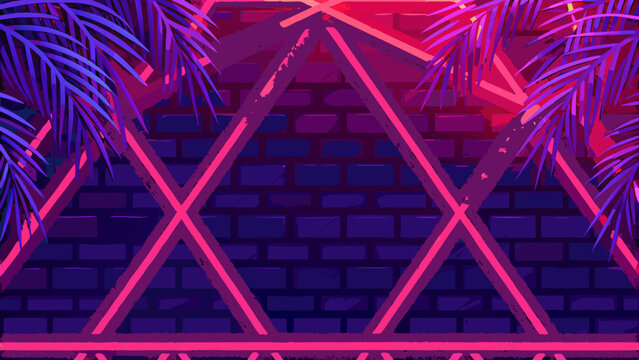 Triangular geometric pattern with neon lighting and palm fronds