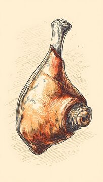 Detailed Cured Ham Leg Illustrated on Light Beige Background