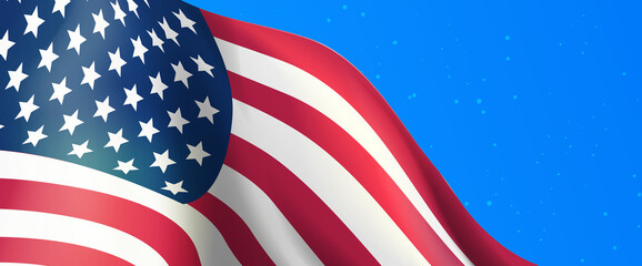 Fototapeta premium Close up waving American flag banner on clear blue sky