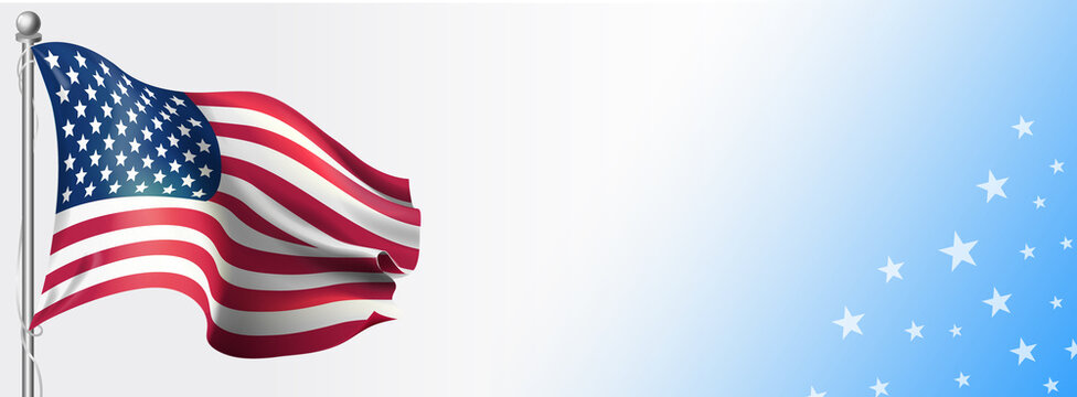 Waving American flag on flagpole banner background with stars
