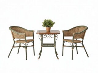 Fototapeta premium Wicker Patio Set with Potted Plant on White Background Keywords: patio set, outdoor furniture