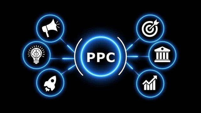 Pay per click concept with connected business icons and glowing center.