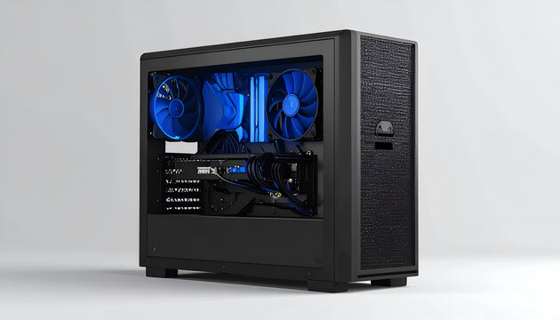 Modern Black Computer Tower with Blue LED Illumination.