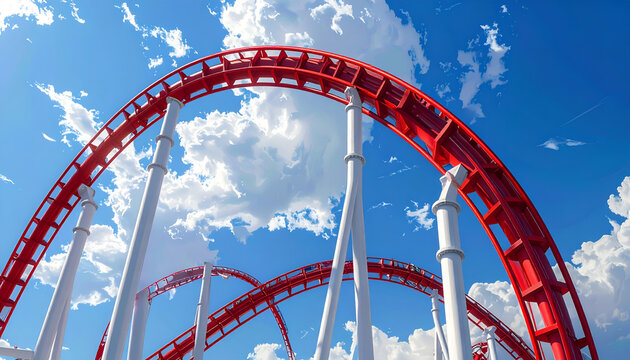 Thrilling Roller Coaster Ride Under a Bright Blue Sky with Fluffy Clouds.