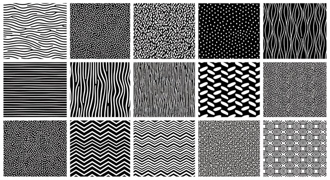 Collection of diverse black and white abstract line patterns and textures for artistic backgrounds