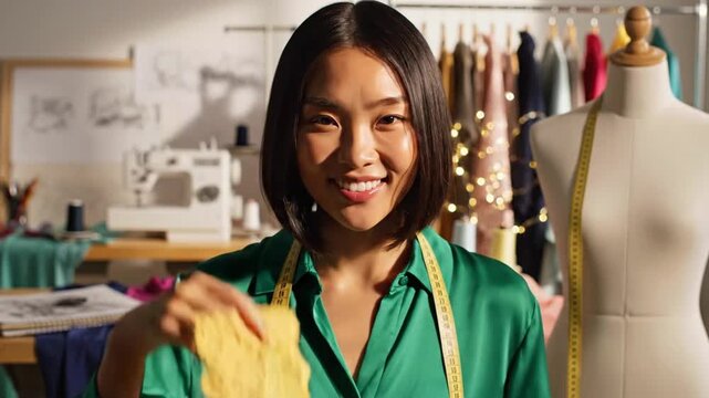 Creating fashion in a workspace with a designer smiling for the camera during a busy day
