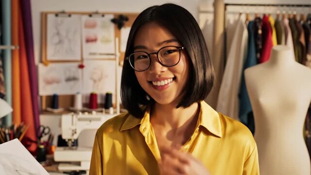 Creative portrait of a young designer in a workshop showing fashion sketches and sewing tools