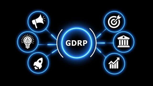 Data protection regulation acronym gdpr appearing in central circle of blue neon network.