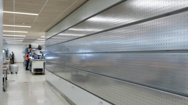 Midrange footage showing perforated aluminum acoustic panels on factory walls designed to minimize industrial noise and create a quieter work environment.
