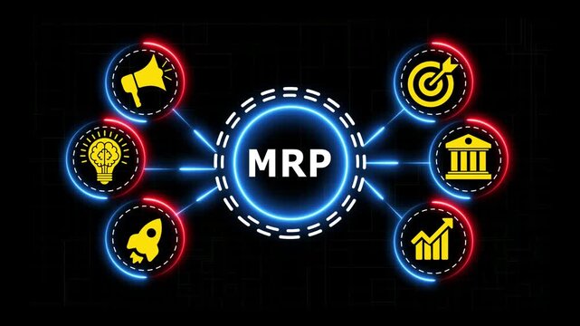 MRP concept with business icons, abstract animation, and digital background.