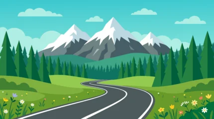 Fototapeten Türkis Mountain landscape with winding road, vector illustration with scenic background.  © MdDulal