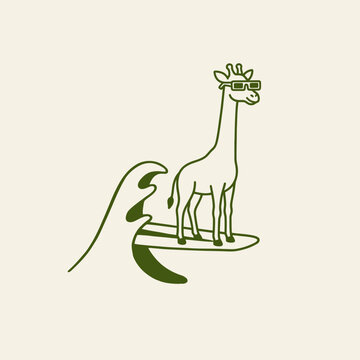 Giraffe surfing on a wave board.