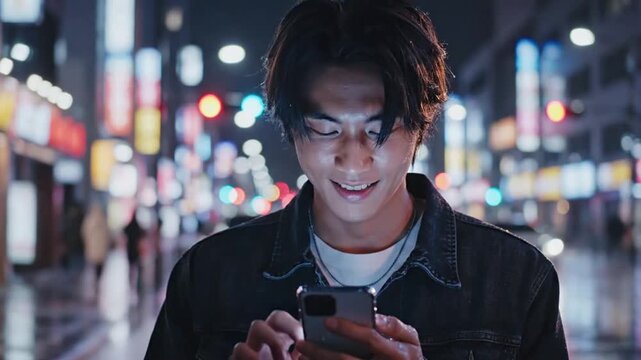 Read text on phone at night in a busy city with bright lights and cars in the background at a late hour