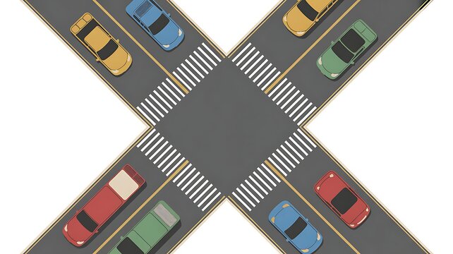 Cars intersect roads at a busy urban crossroads with traffic
