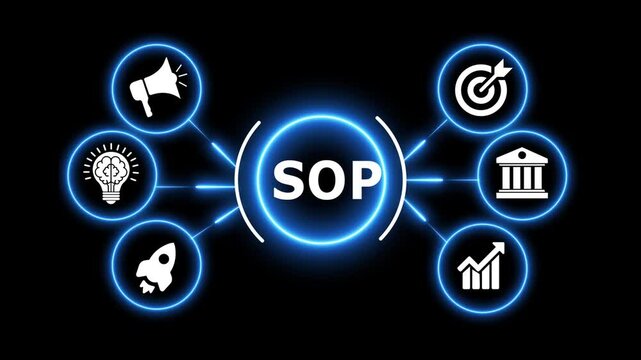 Business strategy diagram with SOP text and glowing icons motion.