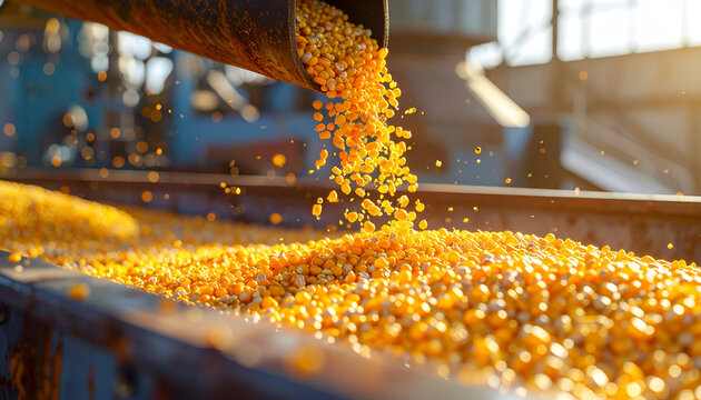 Harvesting Corn Grains Being Processed at an Agricultural Facility.
