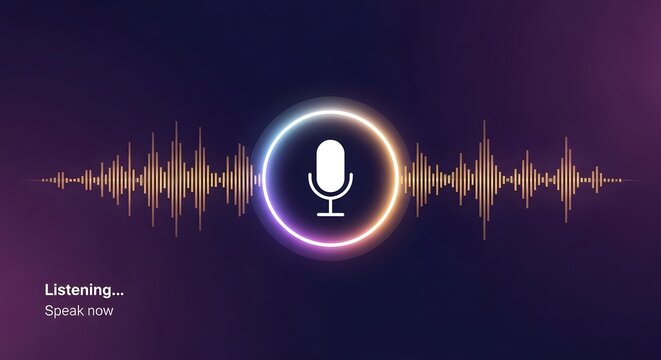 Voice assistant microphone with glowing neon circle and audio waveform