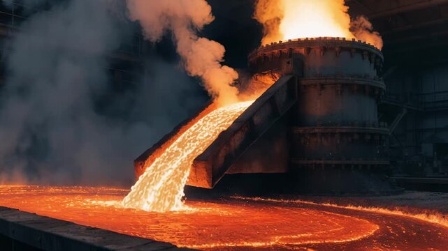 Medium shot of a flash copper smelting furnace showing intense flames and rapid molten copper flow in a highefficiency industrial refining process.