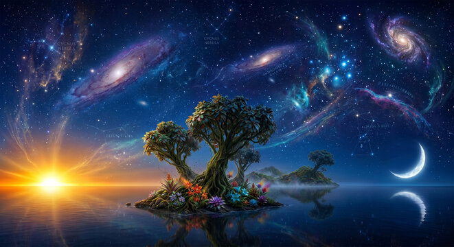 A spectacular wide-angle view of the night sky being populated with celestial bodies. A bright, powerful sun setting on one side, a glowing silver crescent moon on the other,