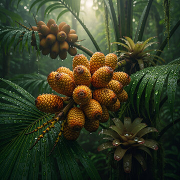 Ripe buriti fruits on a Mauritia flexuosa palm in a lush rainforest, showcasing Amazon biodiversity, tropical ecology, and exotic edible plants.
