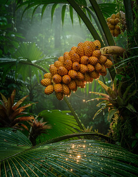 Ripe buriti fruits on a Mauritia flexuosa palm in a lush rainforest, showcasing Amazon biodiversity, tropical ecology, and exotic edible plants.