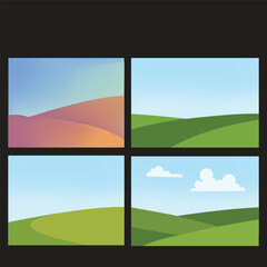Fototapeta premium Minimalist Landscape Background Set, Cartoon Green Hills and Desert Dunes under Blue Sky Vector Illustration